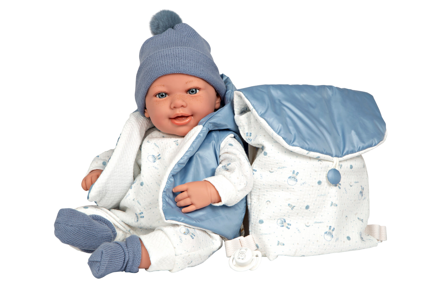 Muñeca con peso Elegance Adi 45 cm con mochila y chupete – Cuerpo blandito y vinyl