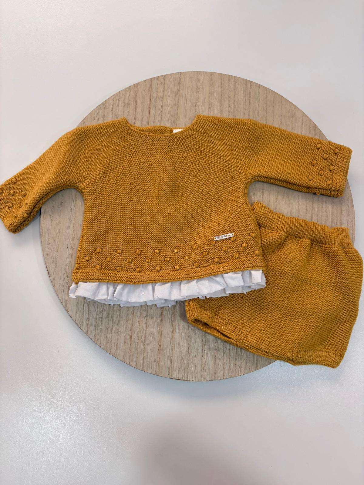 Conjunto de Lana Mostaza con Jersey de Puntilla y Cubrepañal para Bebé | 1 a 24 Meses