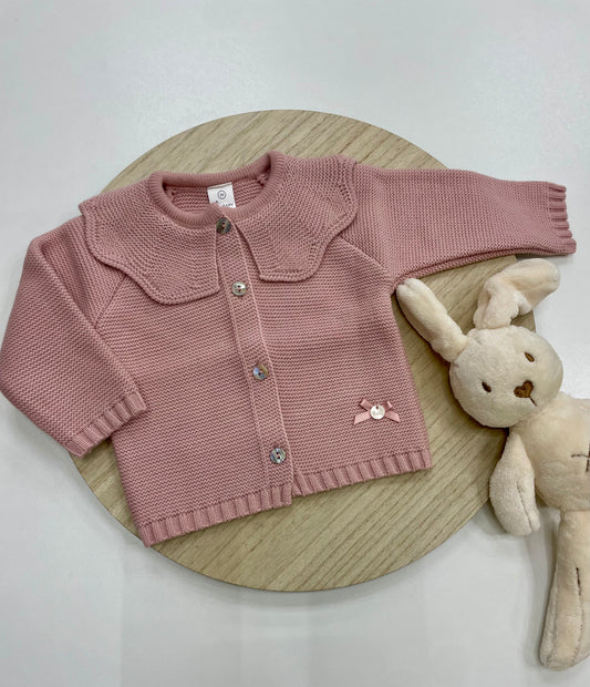 Chaqueta bebé lana rosa empolvado con cuello volante | Tallas 1-24 meses