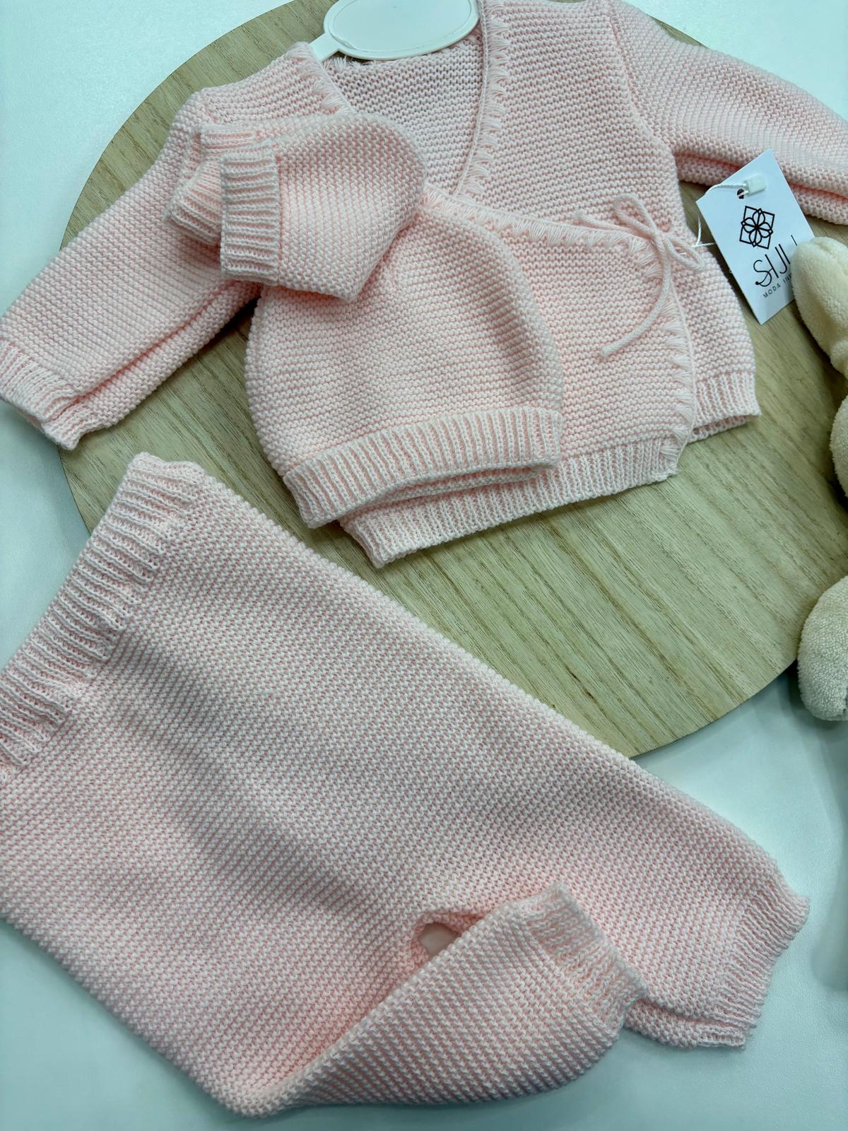 Conjunto 4 Piezas Bebé Recién Nacido Rosa Bebé | Lazo Lateral y Cuello Pico