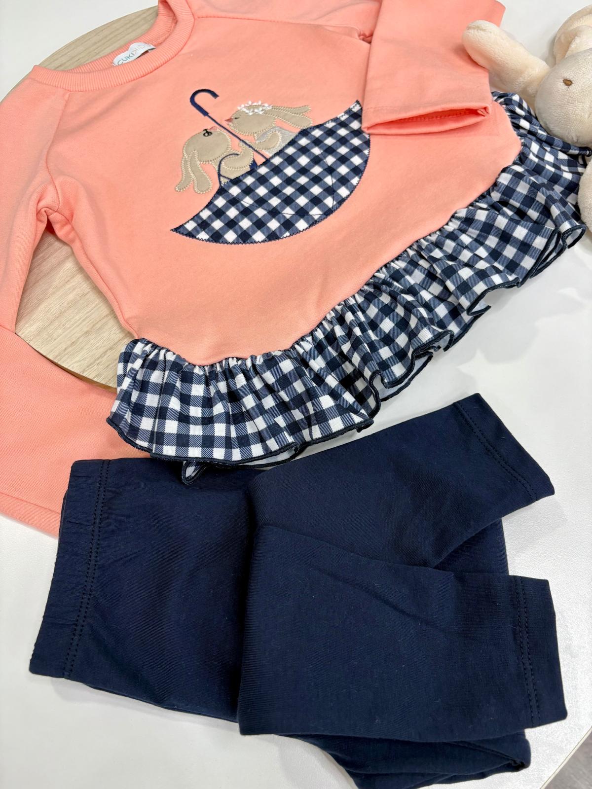 Conjunto niña mayor sudadera coral con conejitos con volantes y leggins marino | 2-10 años