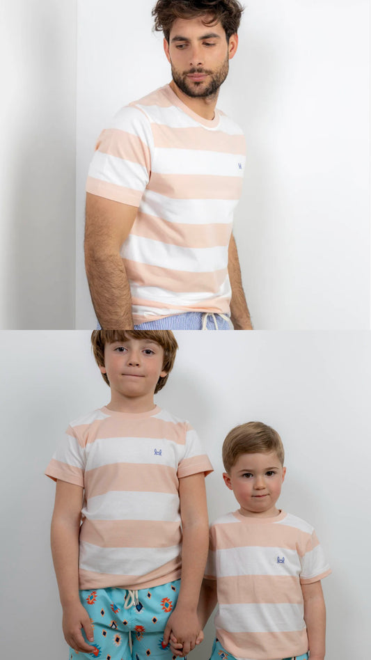 Camiseta rayas rosa y blanco para papá e hijo tallas Custi Mikelo tallas 4-14 y S-2Xl