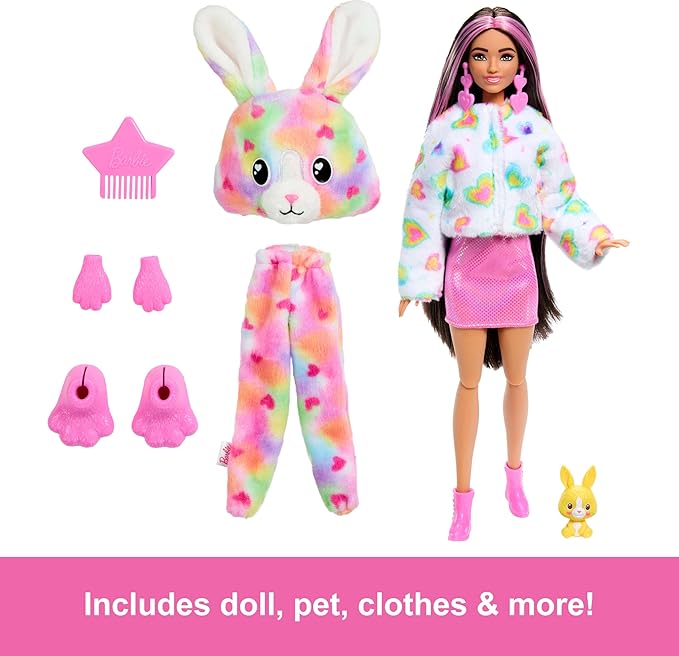 Barbie Cutie Reveal Sueños de Colores, Muñeca con Disfraz de Conejito y Accesorios Sorpresa