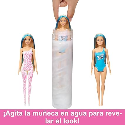 Barbie Color Reveal Serie Funky Muñeca que revela sus colores con agua, incluye ropa y 6 accesorios sorpresa, juguete +3 años