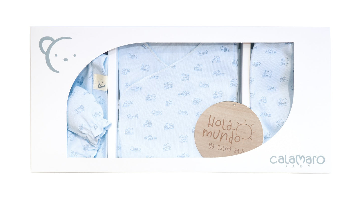 Set recién nacido , caja regalo bebe , Pack Regalo Casitas celeste