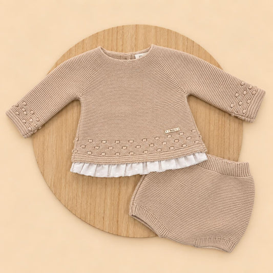 Conjunto de Lana Beige con Jersey de Puntilla y Cubrepañal para Bebé | 1 a 24 Meses