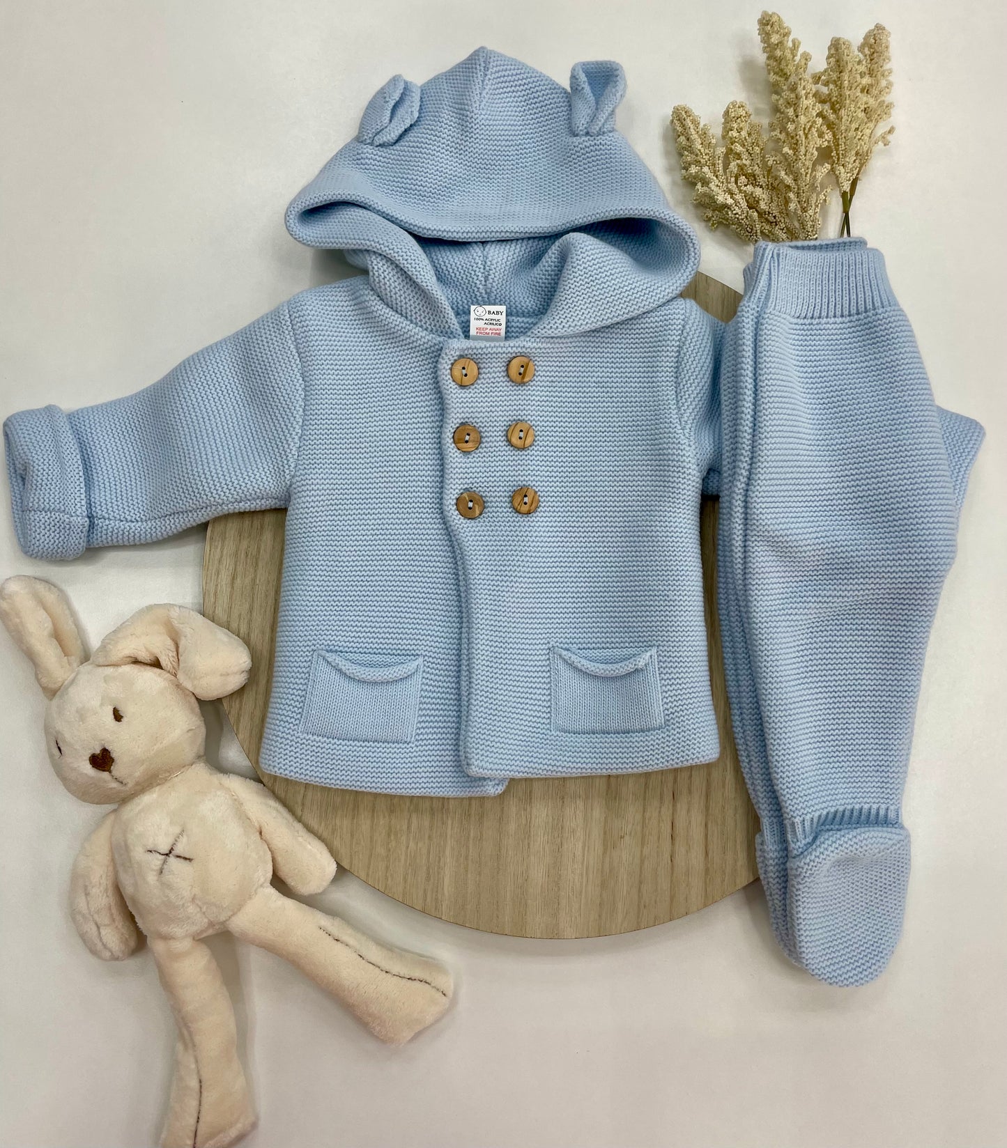 Conjunto Chaqueta y Polaina de Lana para Bebé – Celeste con Capucha y Orejitas (3-12 meses) 🐻💙