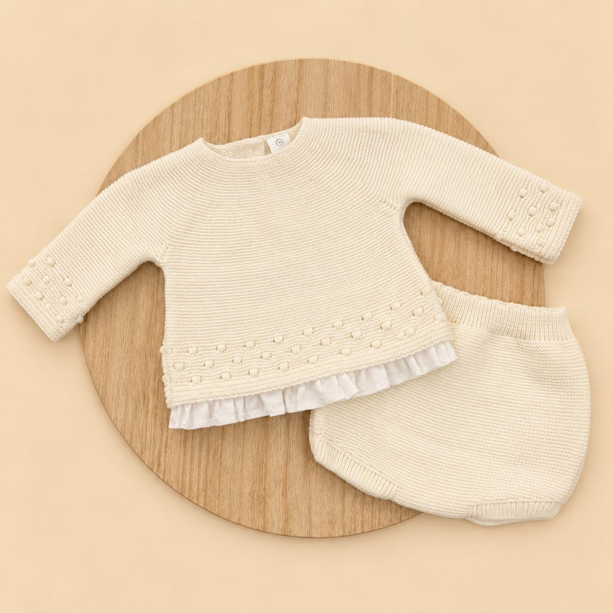 Conjunto de Lana Marfil con Jersey de Puntilla y Cubrepañal para Bebé | 1 a 24 Meses
