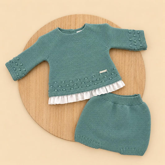 Conjunto de Lana Verde Mint con Jersey de Puntilla y Cubrepañal para Bebé | 1 a 24 Meses