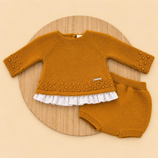 Conjunto de Lana Mostaza con Jersey de Puntilla y Cubrepañal para Bebé | 1 a 24 Meses