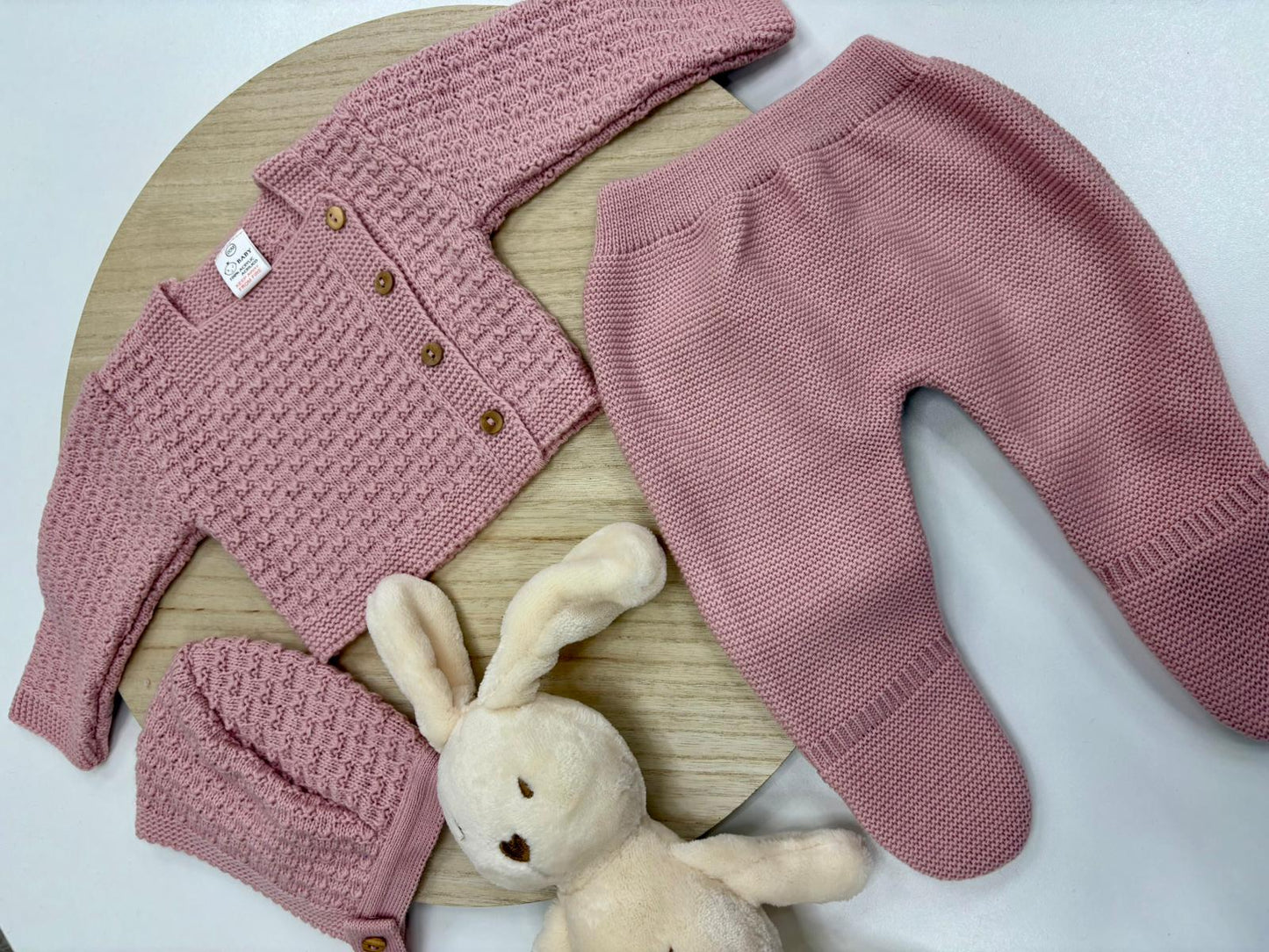 Conjunto primera puesta bebé 3 piezas rosa empolvado con polaina, chaqueta y capota – 0 a 6 meses