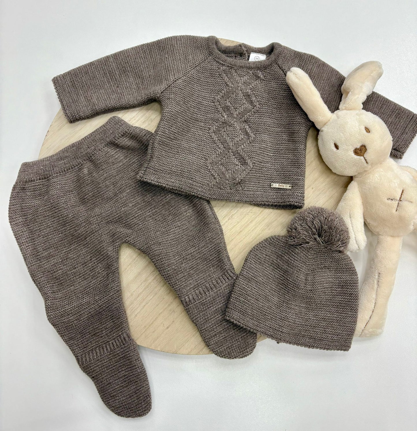 Conjunto primera puesta bebé 3 piezas topo – jersey con dibujo de rombos y gorro con pompón – 00 prematuro a 6 meses