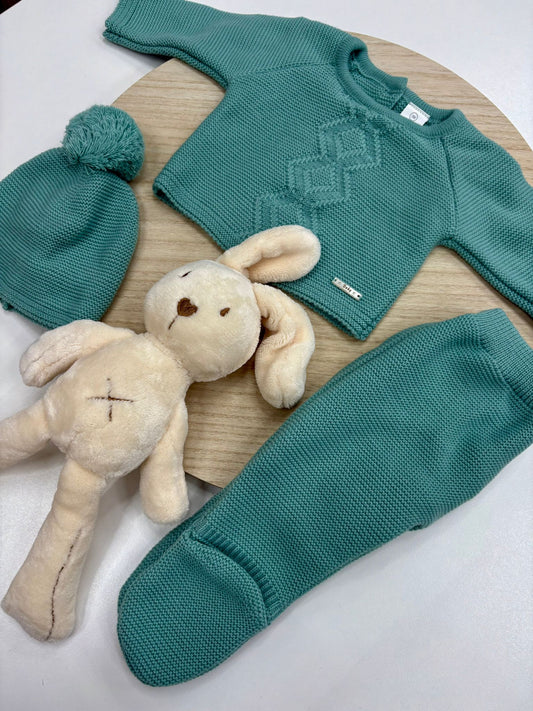 Conjunto primera puesta bebé 3 piezas verde mint – jersey con dibujo de rombos y gorro con pompón – 00 prematuro a 6 meses