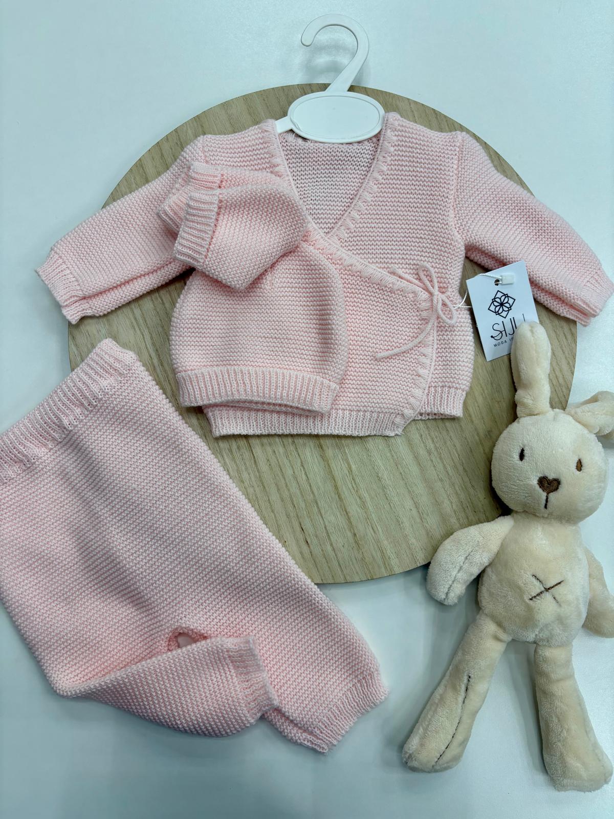 Conjunto 4 Piezas Bebé Recién Nacido Rosa Bebé | Lazo Lateral y Cuello Pico