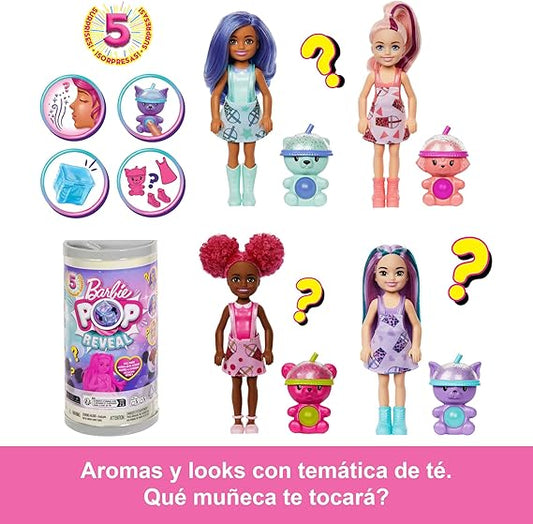 Barbie Pop Reveal Muñeca Chelsea con Vaso Té de Burbujas con Cubitos de Hielo Que revelan Ropa, Mascotas y Accesorios Sorpresa, Modelos Surtidos, Juguete +3 años