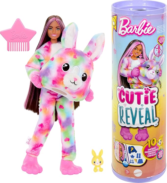 Barbie Cutie Reveal Sueños de Colores, Muñeca con Disfraz de Conejito y Accesorios Sorpresa