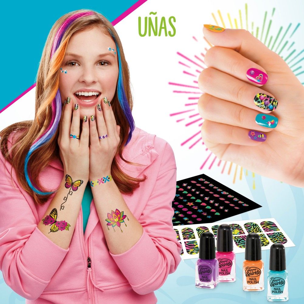 Shimmer N Sparkle - Set Belleza 4 En 1 Maquillaje, Tatuajes, Tintes Pelo Y Manicura, +8 Años