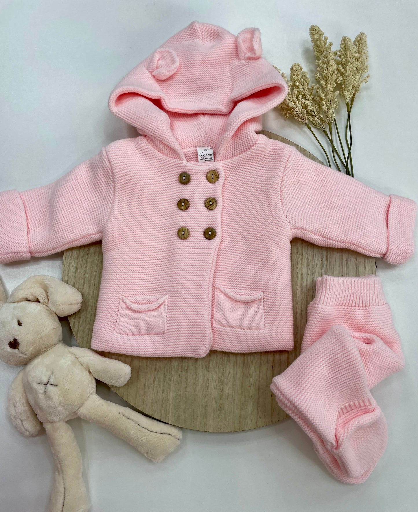 Conjunto Chaqueta y Polaina de Lana para Bebé – Rosa Bebé con Capucha y Orejitas (3-12 meses) 🐻💗