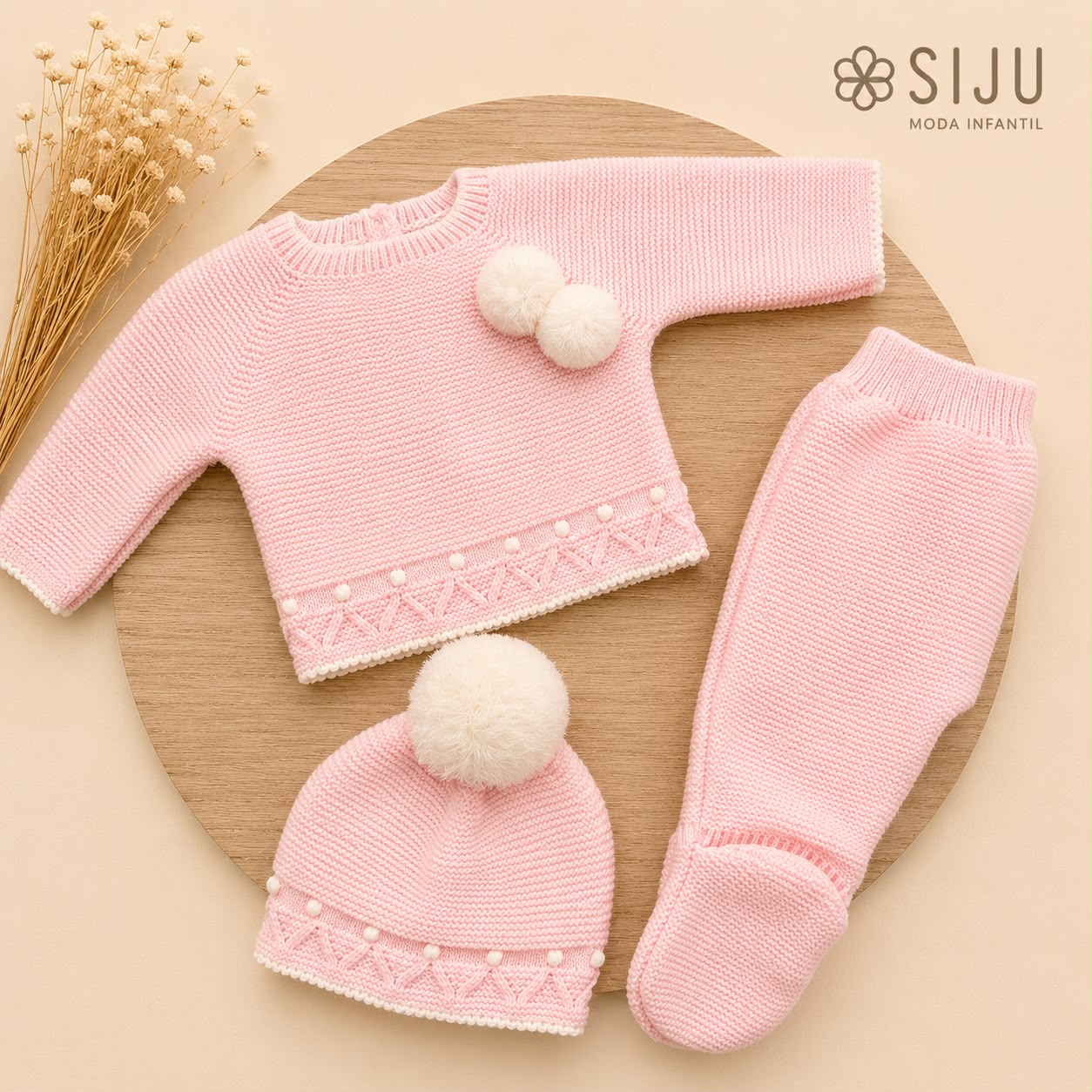 Conjunto de Primera Puesta Rosa Bebé para Bebé con Pompones, Polaina y Gorro | Siju Moda Infantil