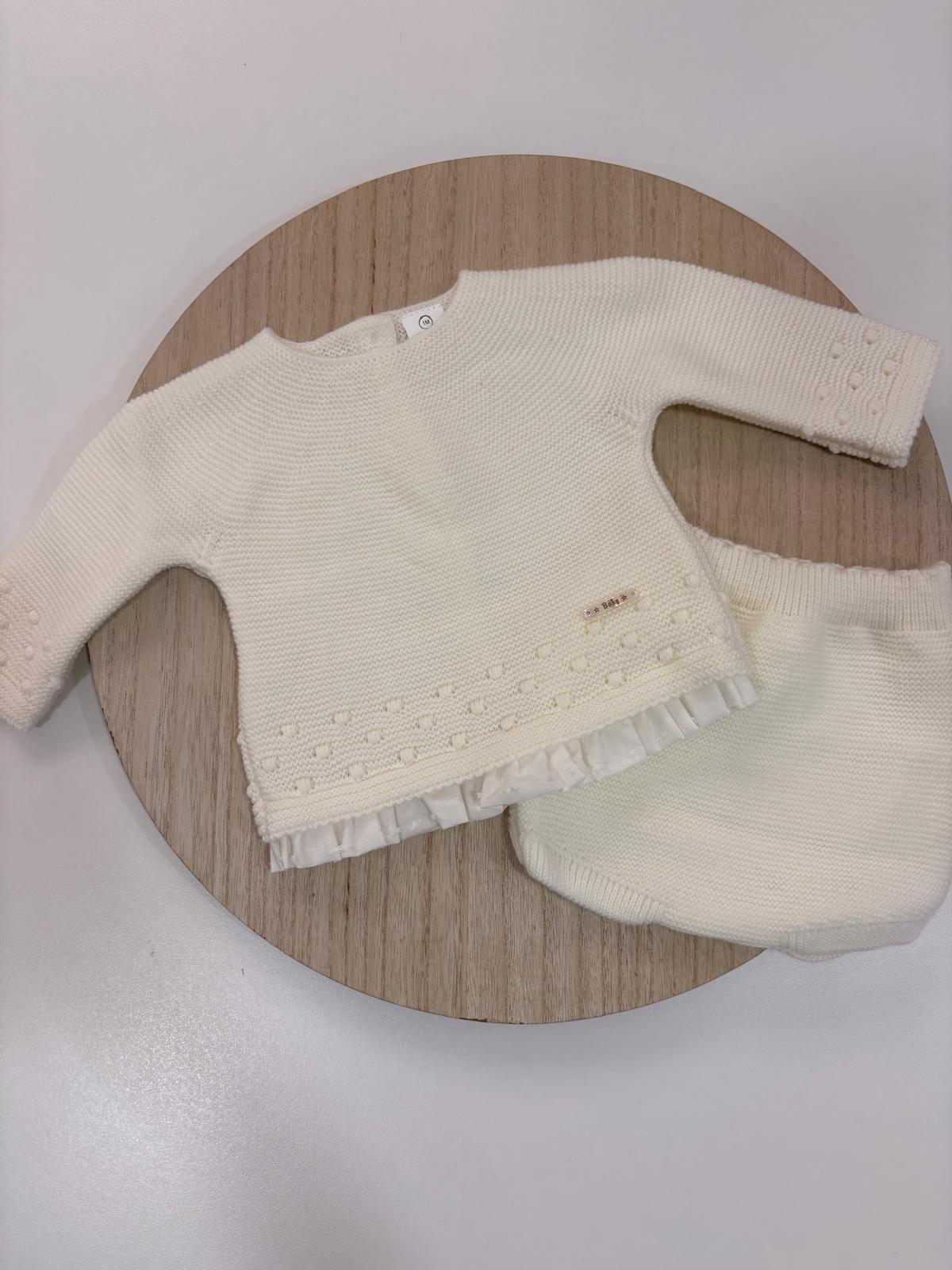 Conjunto de Lana Marfil con Jersey de Puntilla y Cubrepañal para Bebé | 1 a 24 Meses