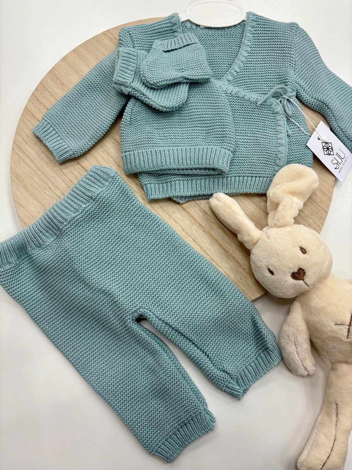 Conjunto 4 Piezas Bebé Recién Nacido Mint | Lazo Lateral y Cuello Pico