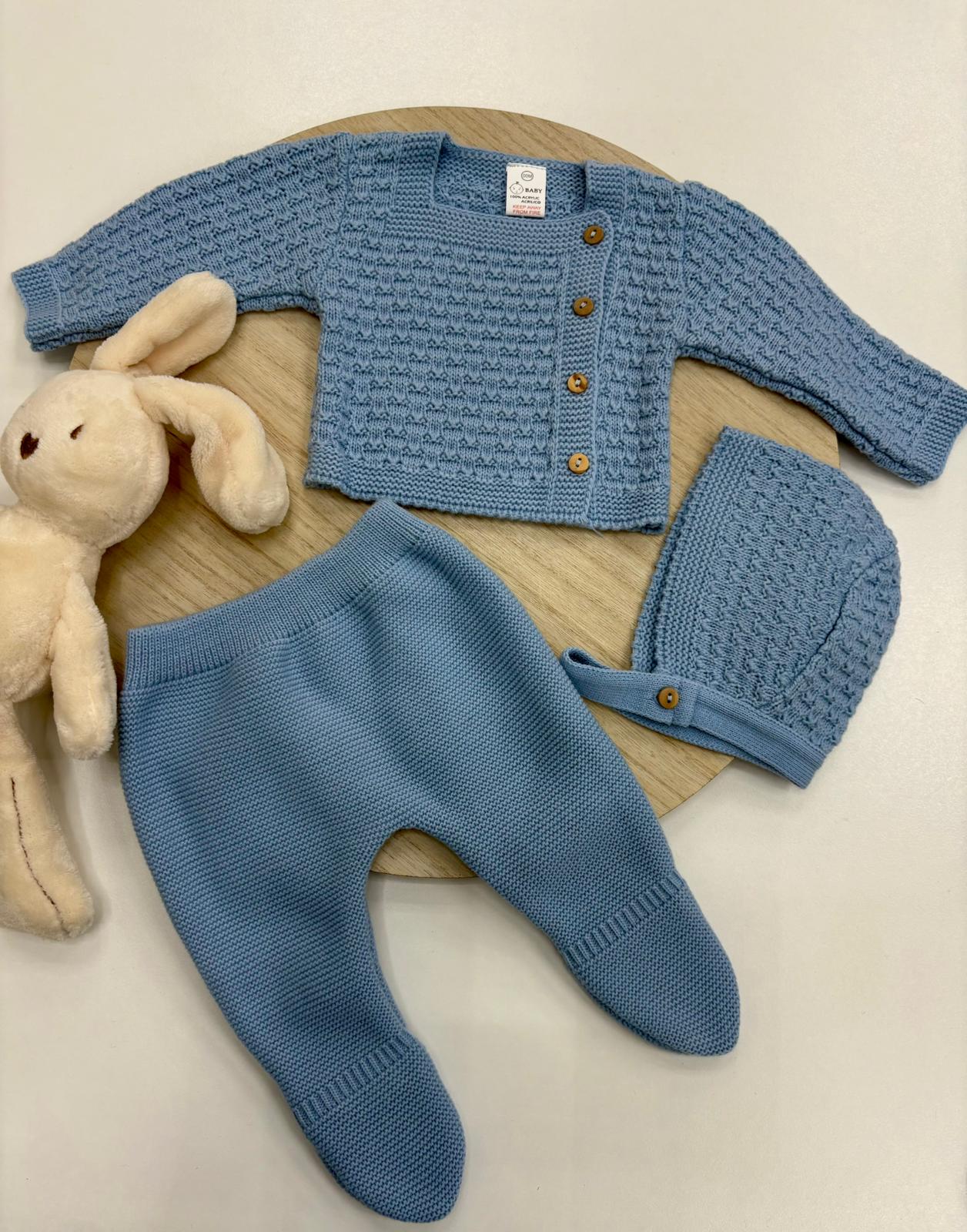 Conjunto primera puesta bebé 3 piezas azul con polaina, chaqueta y capota – 0 a 6 meses