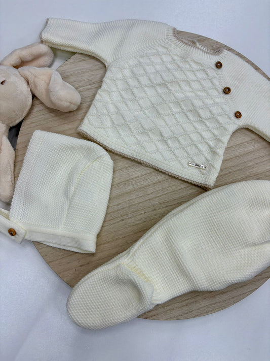 Conjunto primera puesta bebé 3 piezas marfil con capota y botones laterales – 00 prematuro a 6 meses