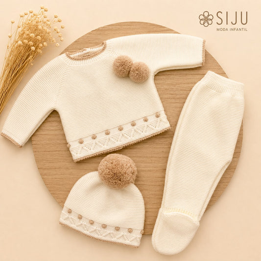 Conjunto de Primera Puesta Marfil para Bebé con Pompones, Polaina y Gorro | Siju Moda Infantil