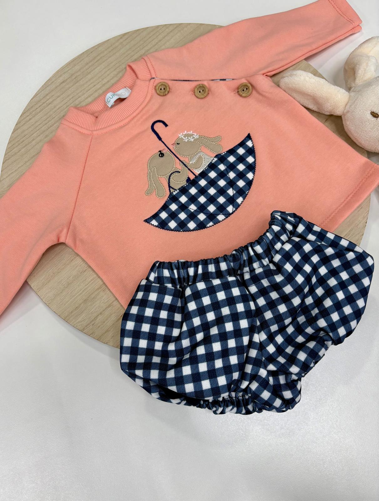 Conjunto bebé niño pololo cuadros y sudadera coral con conejitos 🐰 | 6-48 meses