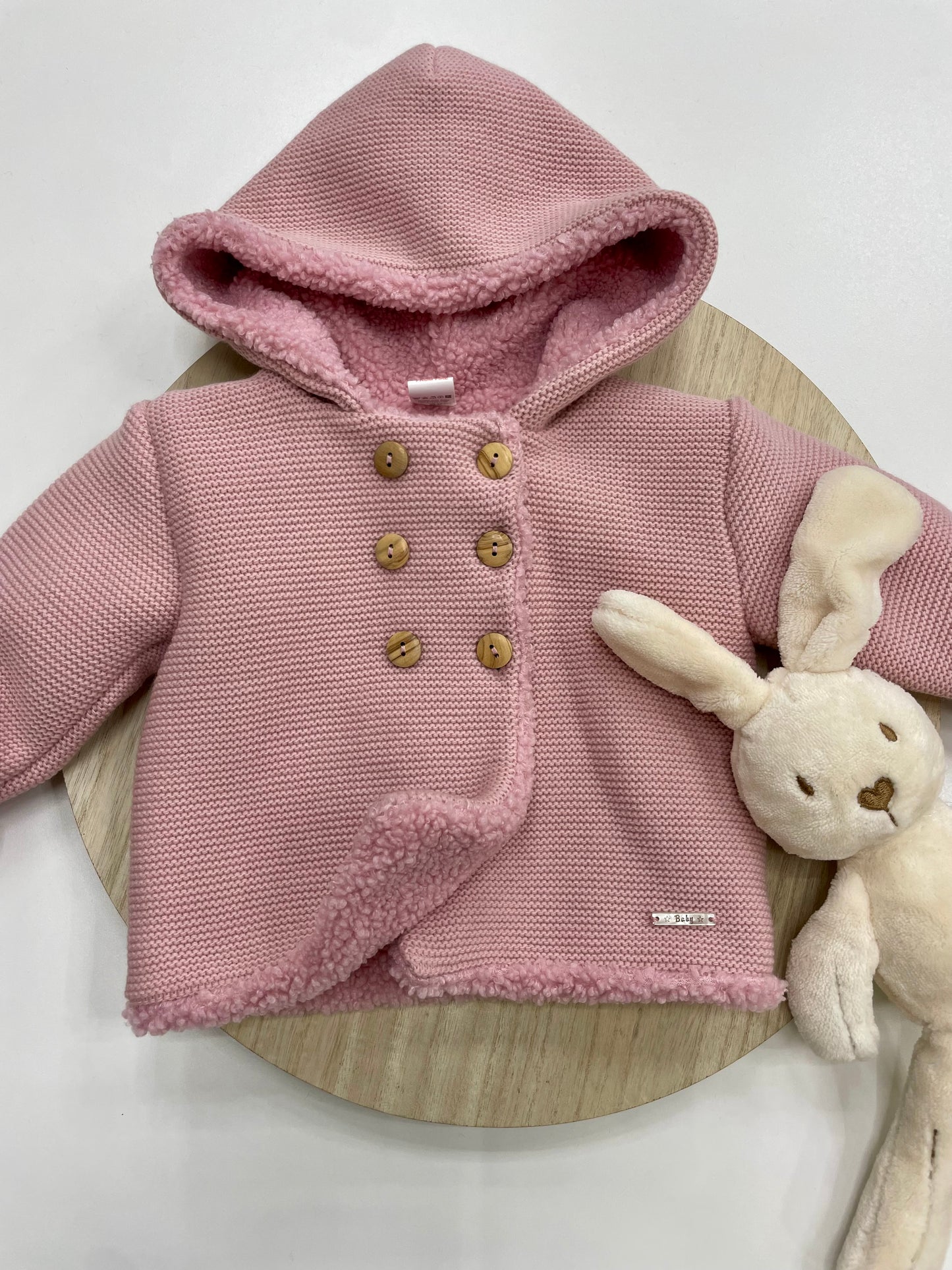 Chaqueta bebé lana rosa empolvado con borreguito interior y capucha | Tallas 6-24 meses