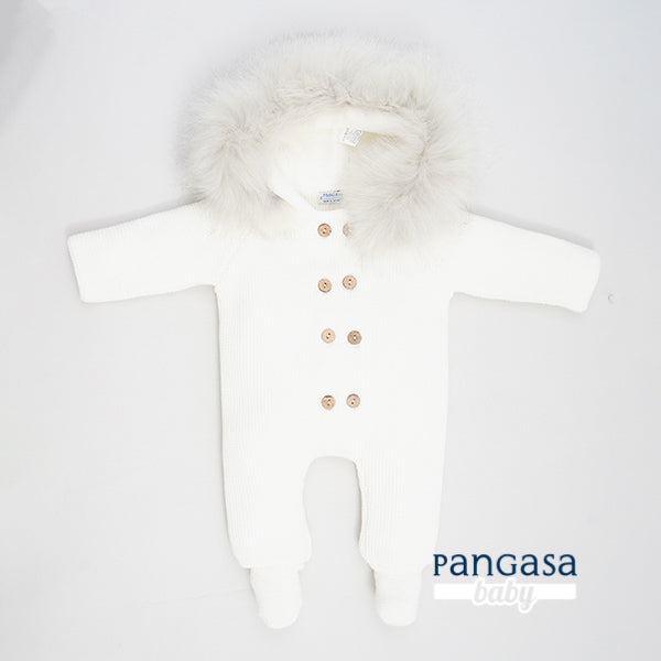 Buzo con pie doble Marfil Pangasa Baby 🤍 0-6M | Capucha con pelito desmontable