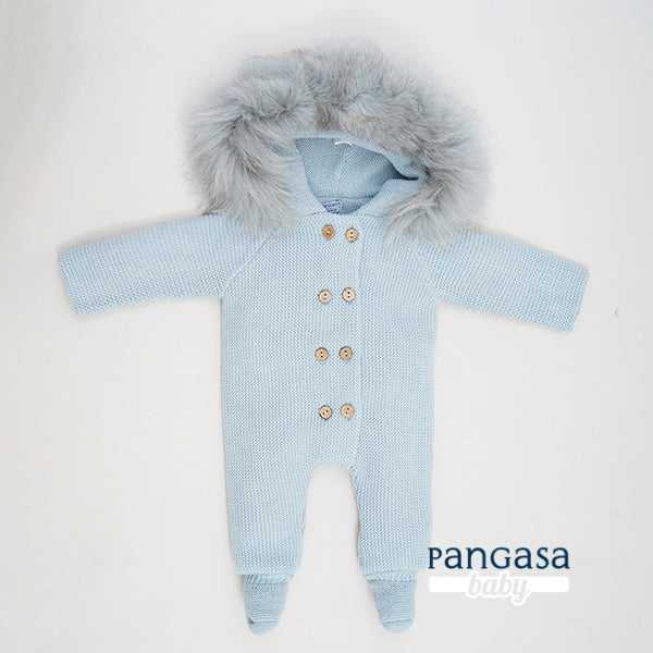 Buzo con pie doble Celeste Empolvado Pangasa Baby 💙 0-6M | Capucha con pelito desmontable