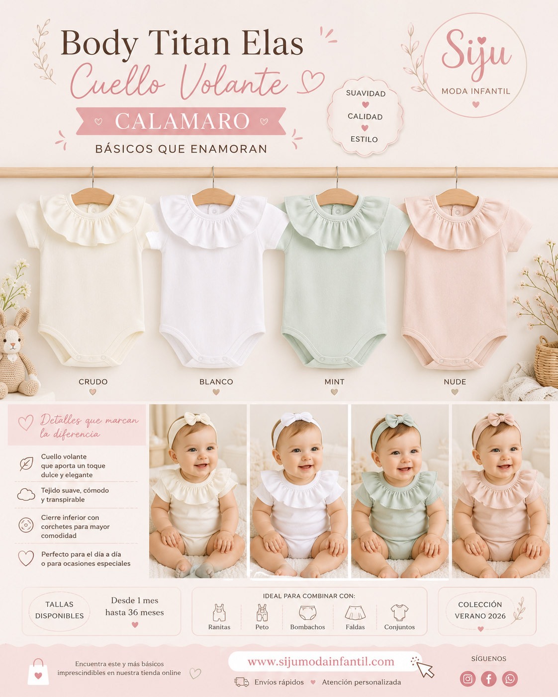 Body Bebé Manga Corta Titan Elas Calamaro con Cuello Volante | Blanco, Crudo, Nude y Mint | 1 a 36 Meses