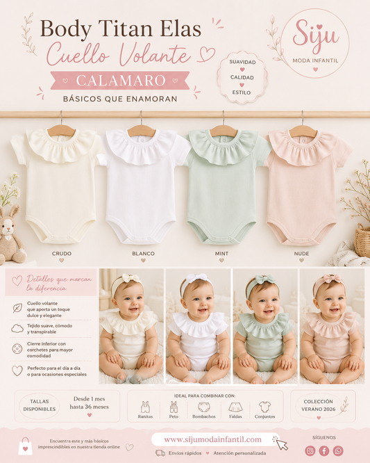 Body Bebé Manga Corta Titan Elas Calamaro con Cuello Volante | Blanco, Crudo, Nude y Mint | 1 a 36 Meses