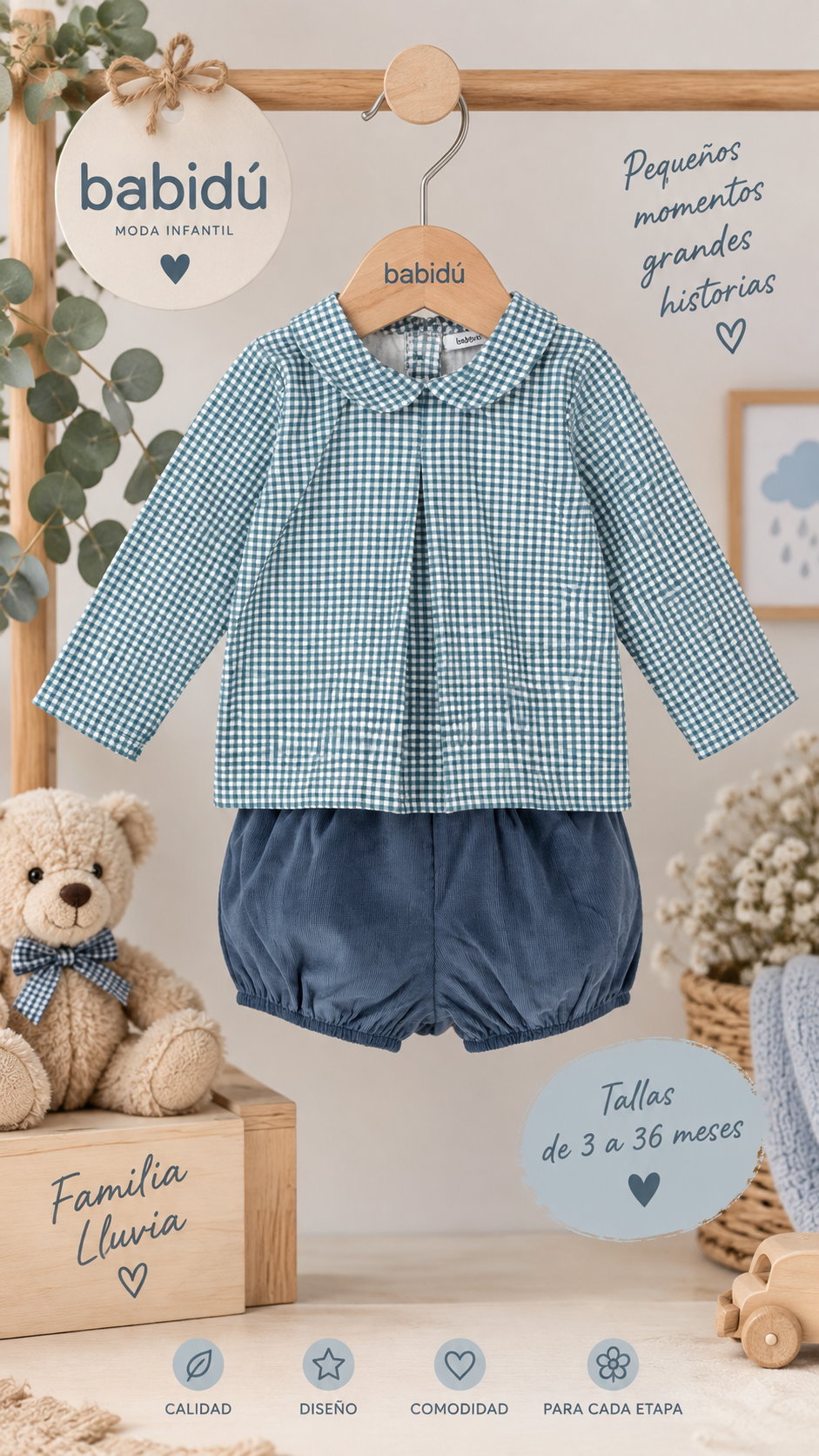 Conjunto bebé niño pantalón corto de micro pana + camisa Babidú – Familia Lluvia