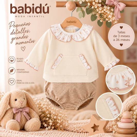 Conjunto de Felpa con Ranita y Cuello Volante Niña Huella Babidú | 3 a 36 Meses