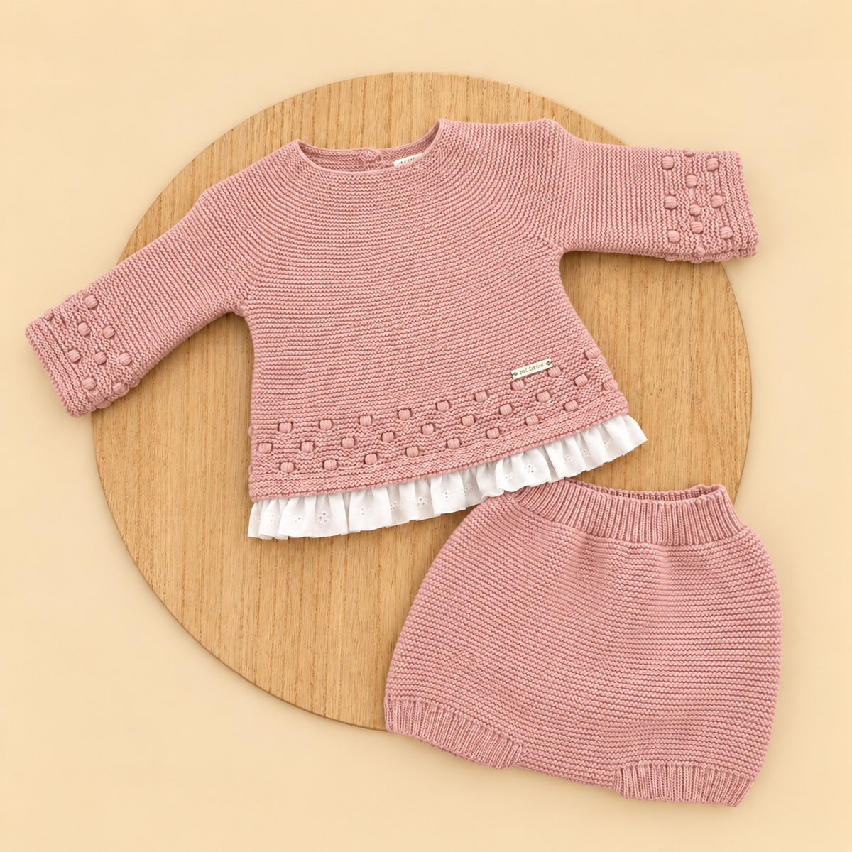 Conjunto de Lana Rosa Empolvado con Jersey de Puntilla y Cubrepañal para Bebé | 1 a 24 Meses