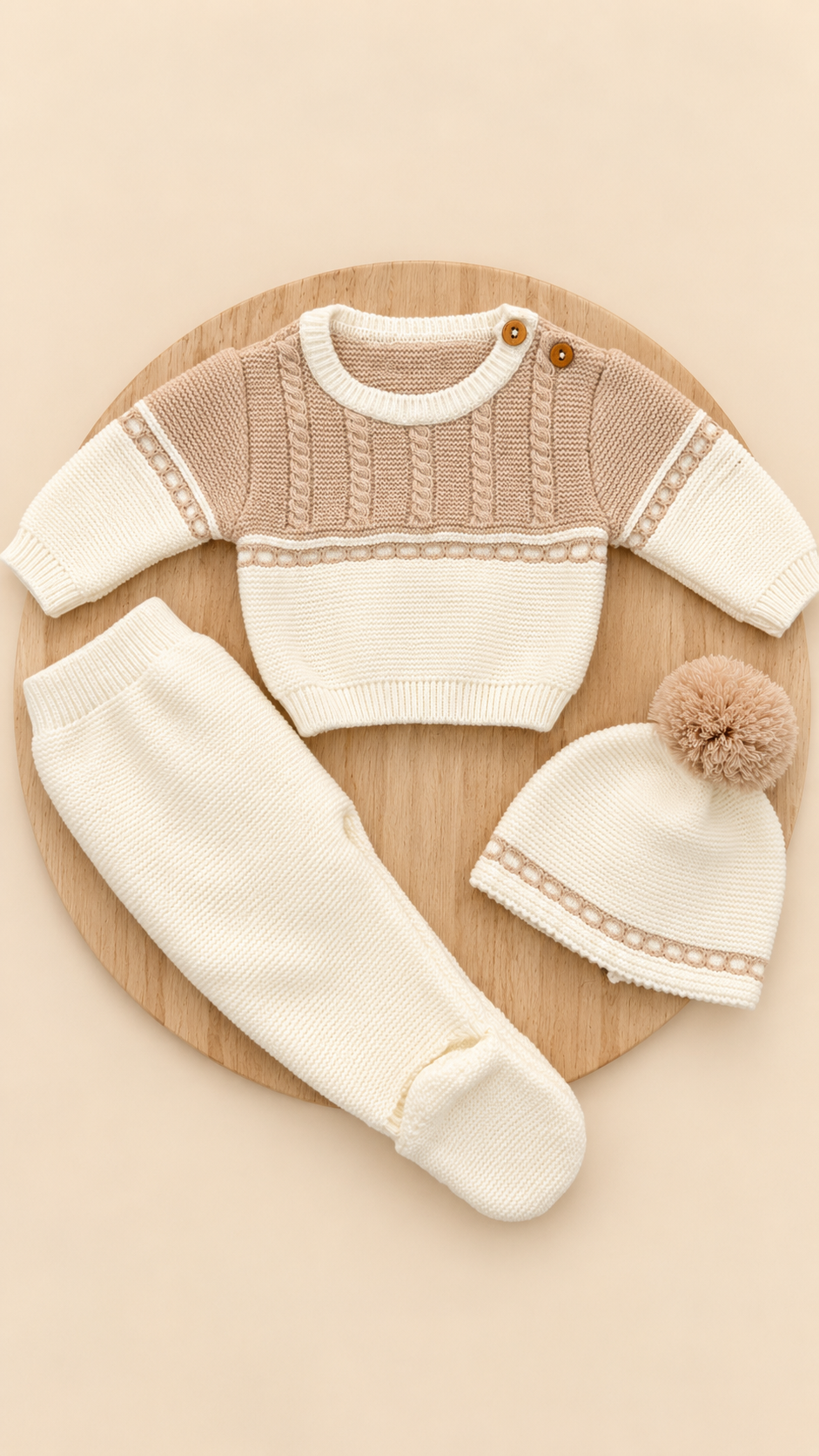 Conjunto de Primera Puesta Marfil y Beige para Bebé | 00 a 6 Meses