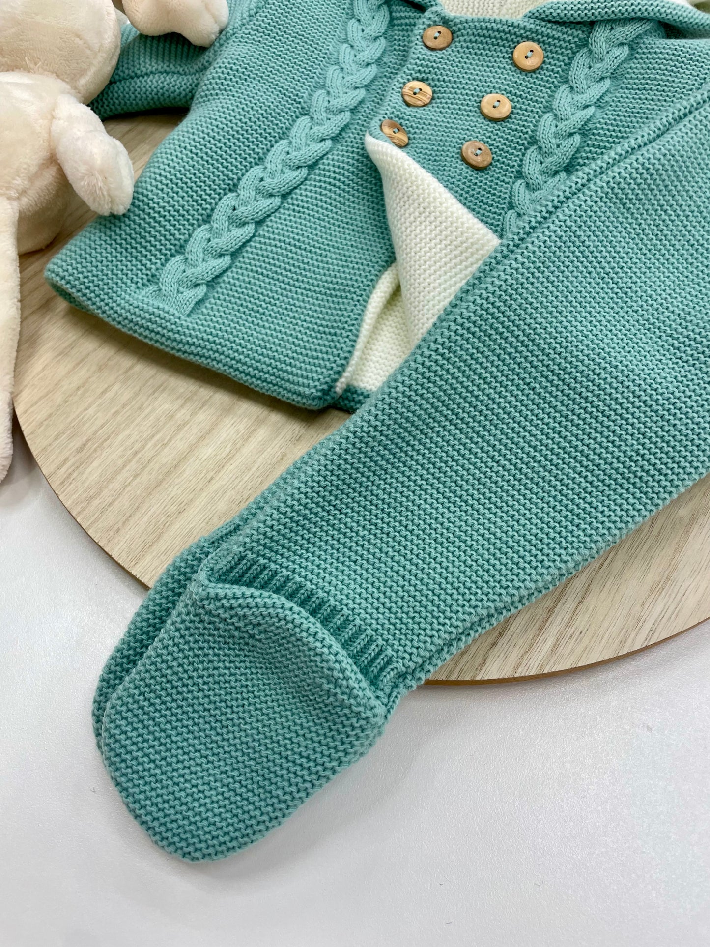 Conjunto Chaqueta y Polaina de Lana para Bebé – Color Mint con Capucha (3-12 meses) 💚🍼