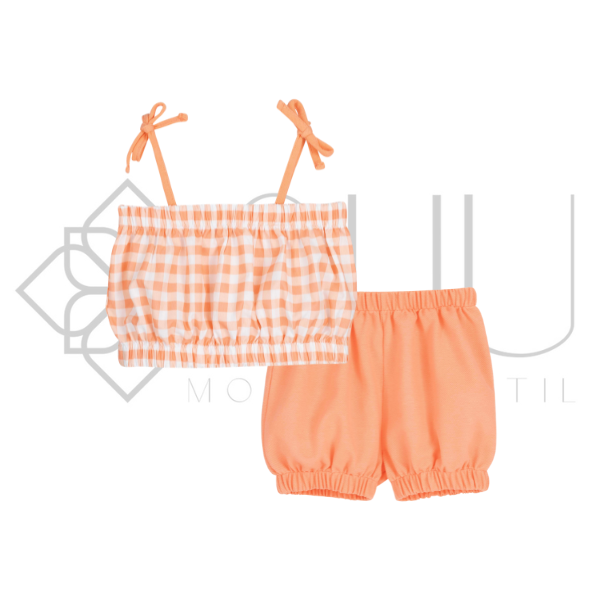 Conjunto niña top y pantalón cuadros naranja Familia Baño Calamaro 3-6 años