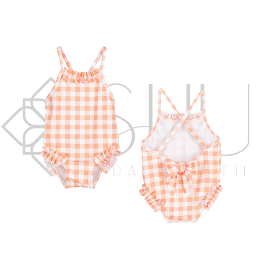 Bañador niña cuadros naranja Calamaro Familia Baño | 6 meses a 6 años