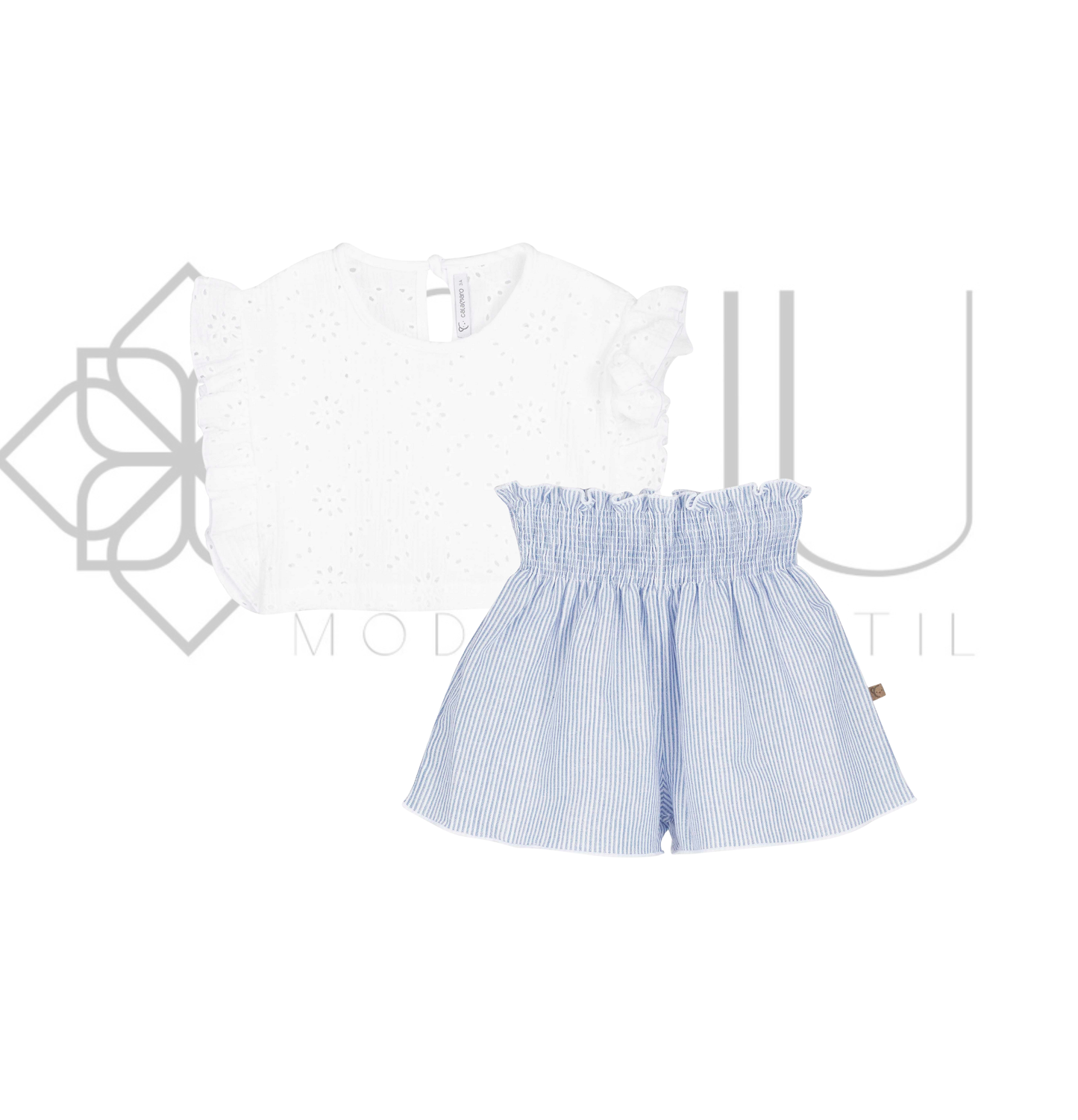 Conjunto niña Kerala azul con blusa bordada y short