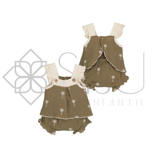 Conjunto bebé pololo Mathura verde bordado palmeras 1-36 meses