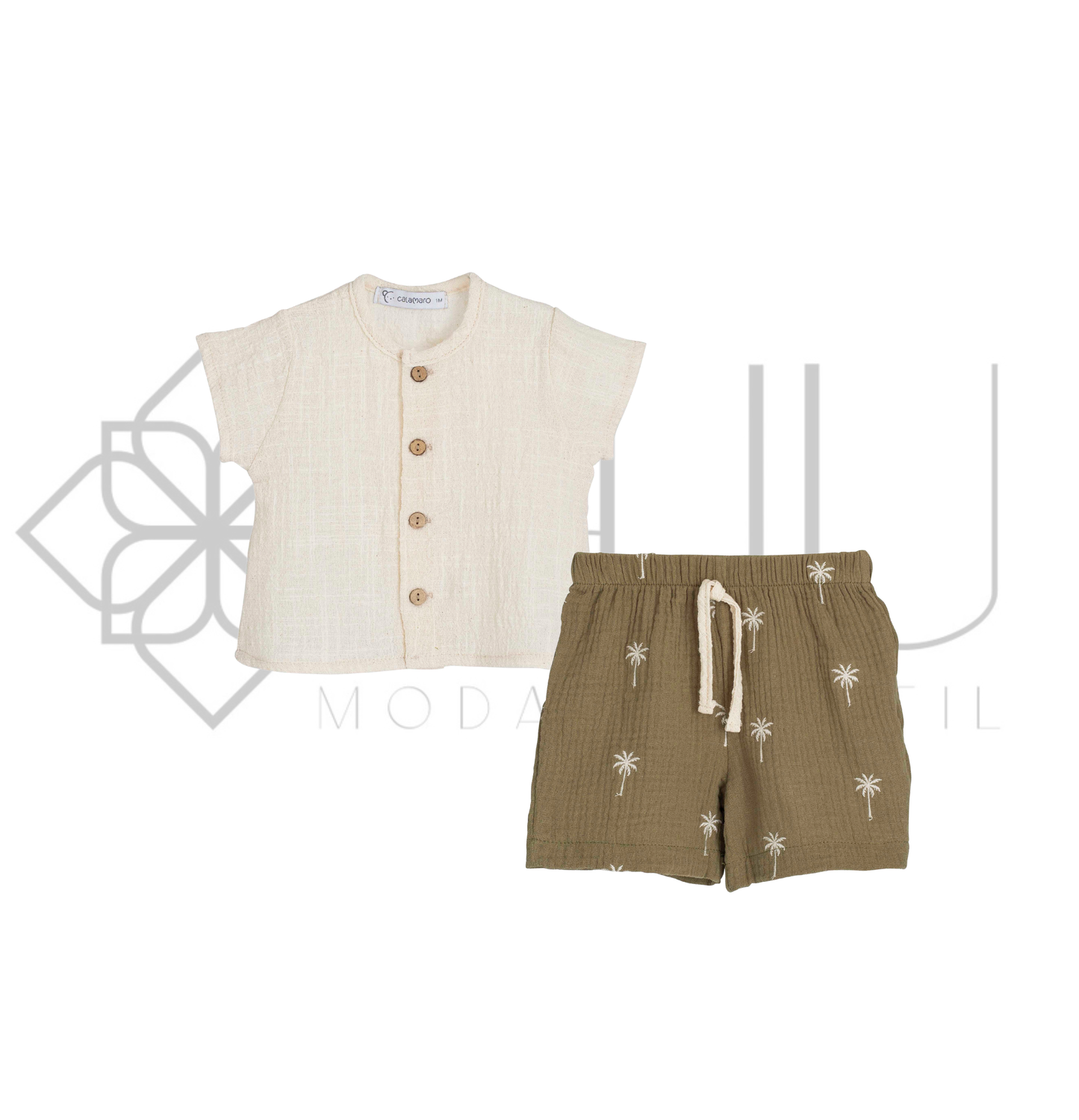 Conjunto infantil Mathura camisa cruda y short verde oliva 3-6 años