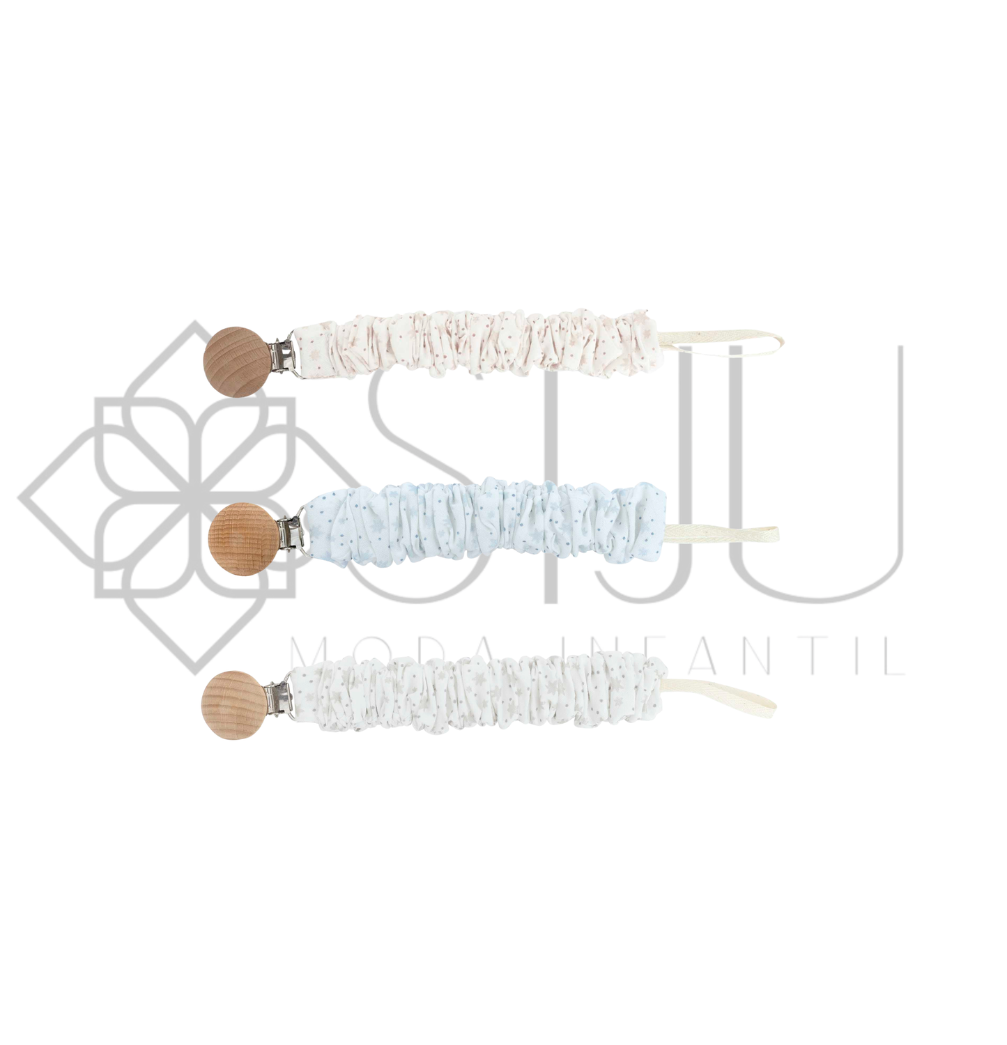 Chupetero bebé Soft con pinza de madera en rosa, celeste y gris