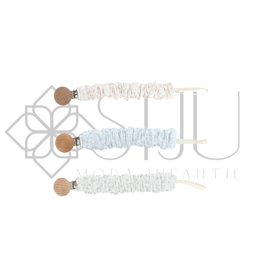 Chupetero bebé Soft con pinza de madera en rosa, celeste y gris