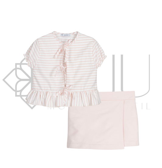 Conjunto infantil Calamaro Bundi blusa de rayas y falda rosa | Tallas 3 a 10 años