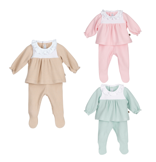 Conjunto polaina Rodas con volante bebé Calamaro 00-6 meses · Primeras puestas · Mint, Rosa y Arena