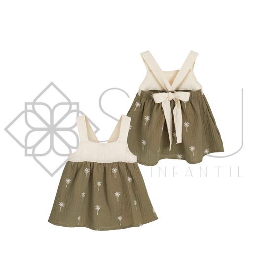 Vestido bebé Mathura verde oliva bordado palmeras 6 meses 6 años
