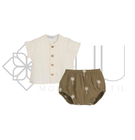 Conjunto bebé Mathura camisa cruda y pololo verde oliva 1-24 meses